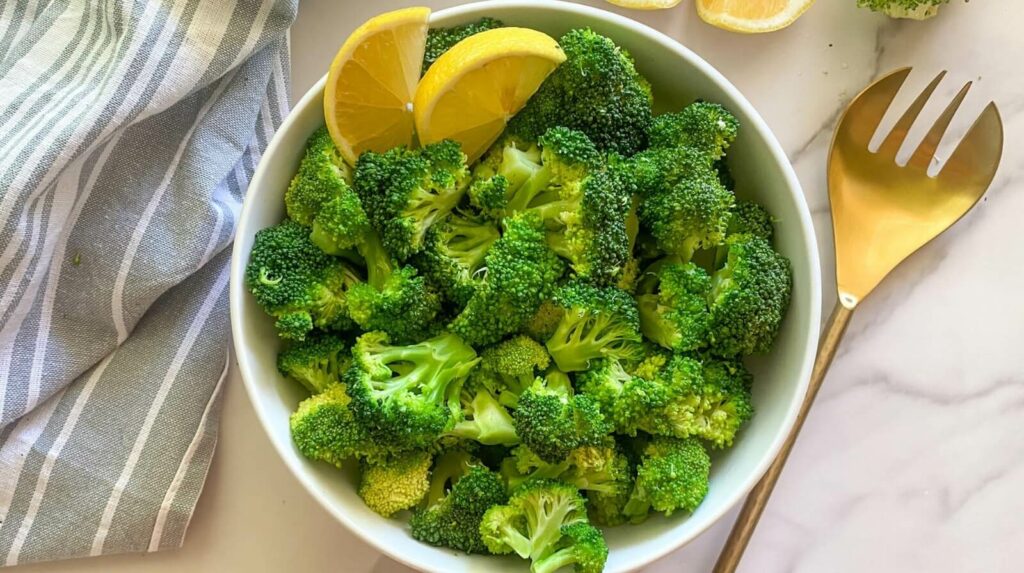 image representing a bowl full of broccoli along with lemon slices